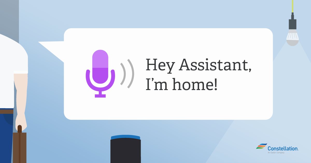Person saying Hey Assistant, I'm home! to trigger a Google assistant routine or Amazon routine.