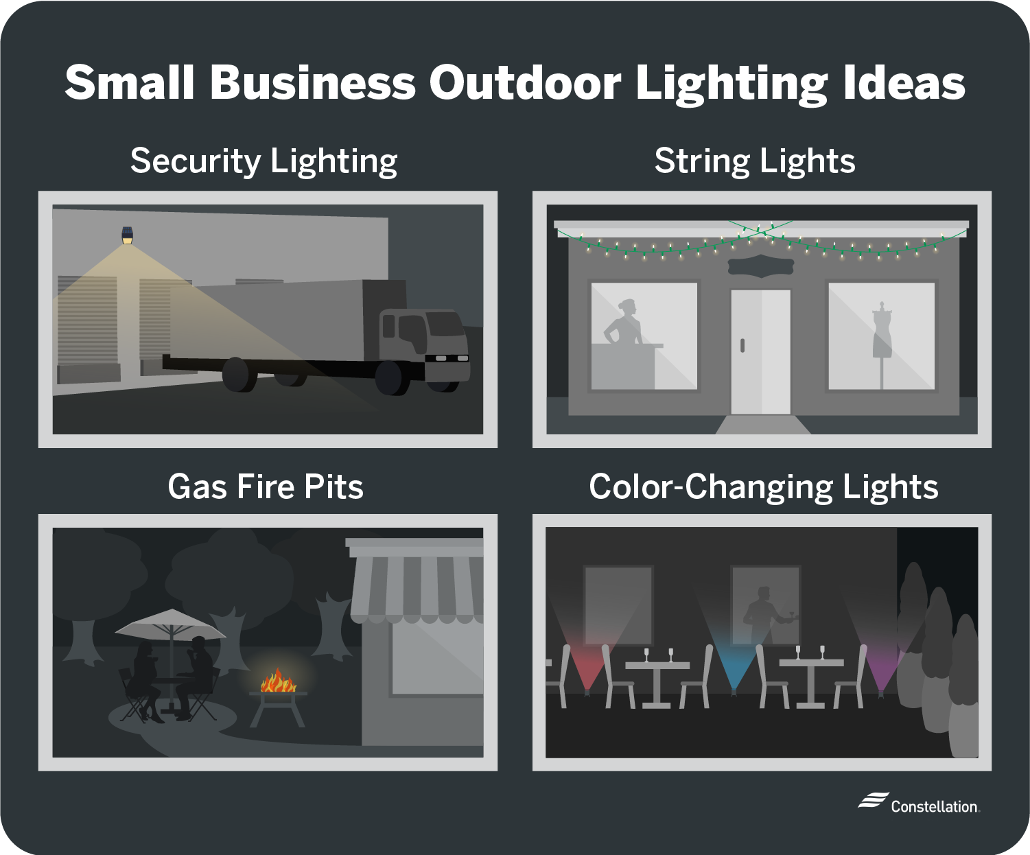 Small business outdoor lighting ideas include security lighting, string lights, gas fire pits, and color-changing lights