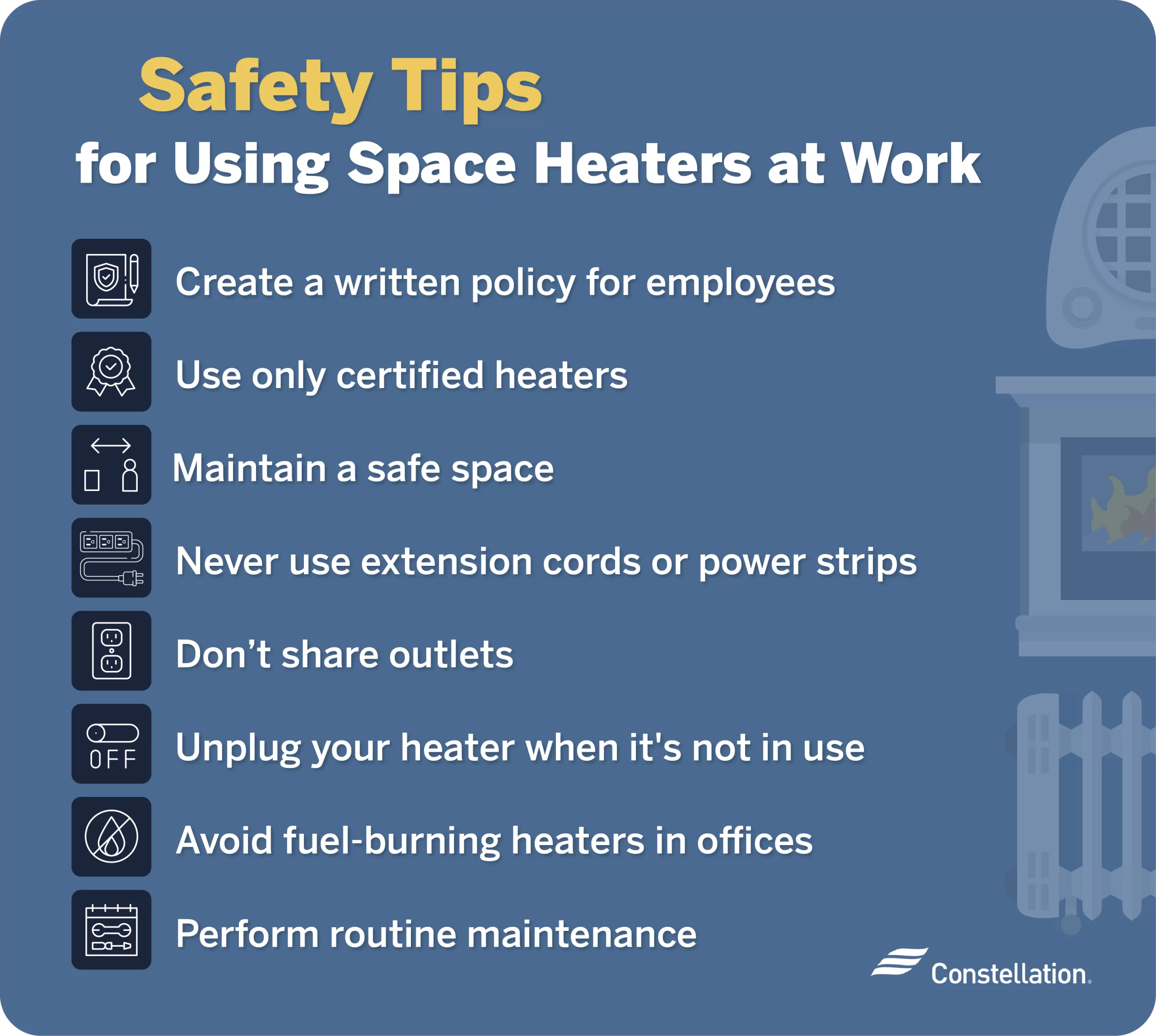 Safety tips for using space heaters at work.