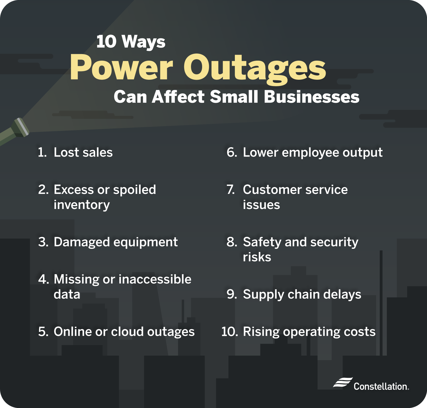 Some of the ways a power outage can affect small businesses include lost sales, excess or unused inventory and potentially damaged equipment.