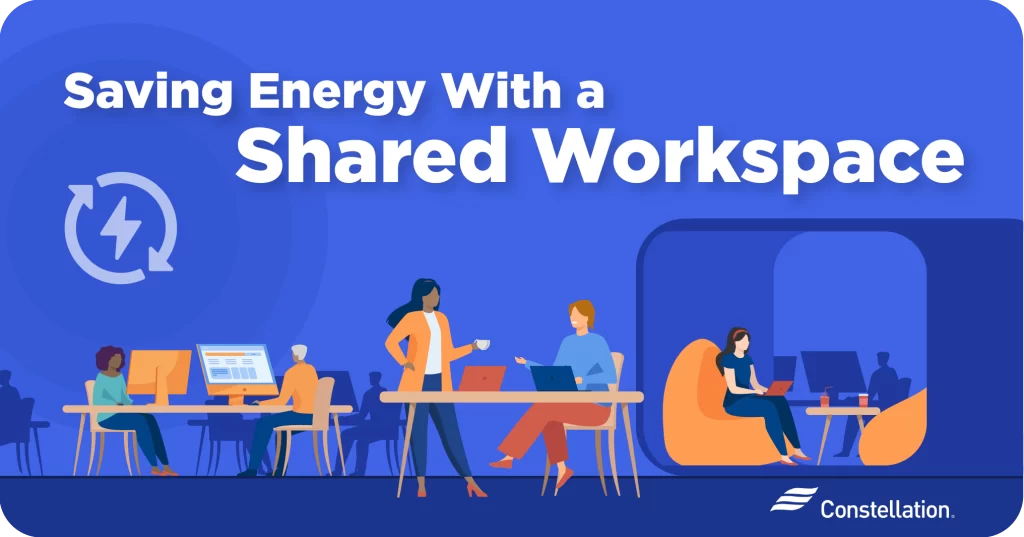 A graphic of people working together in a shared office setting, depicting how to save energy with a shared workspace.