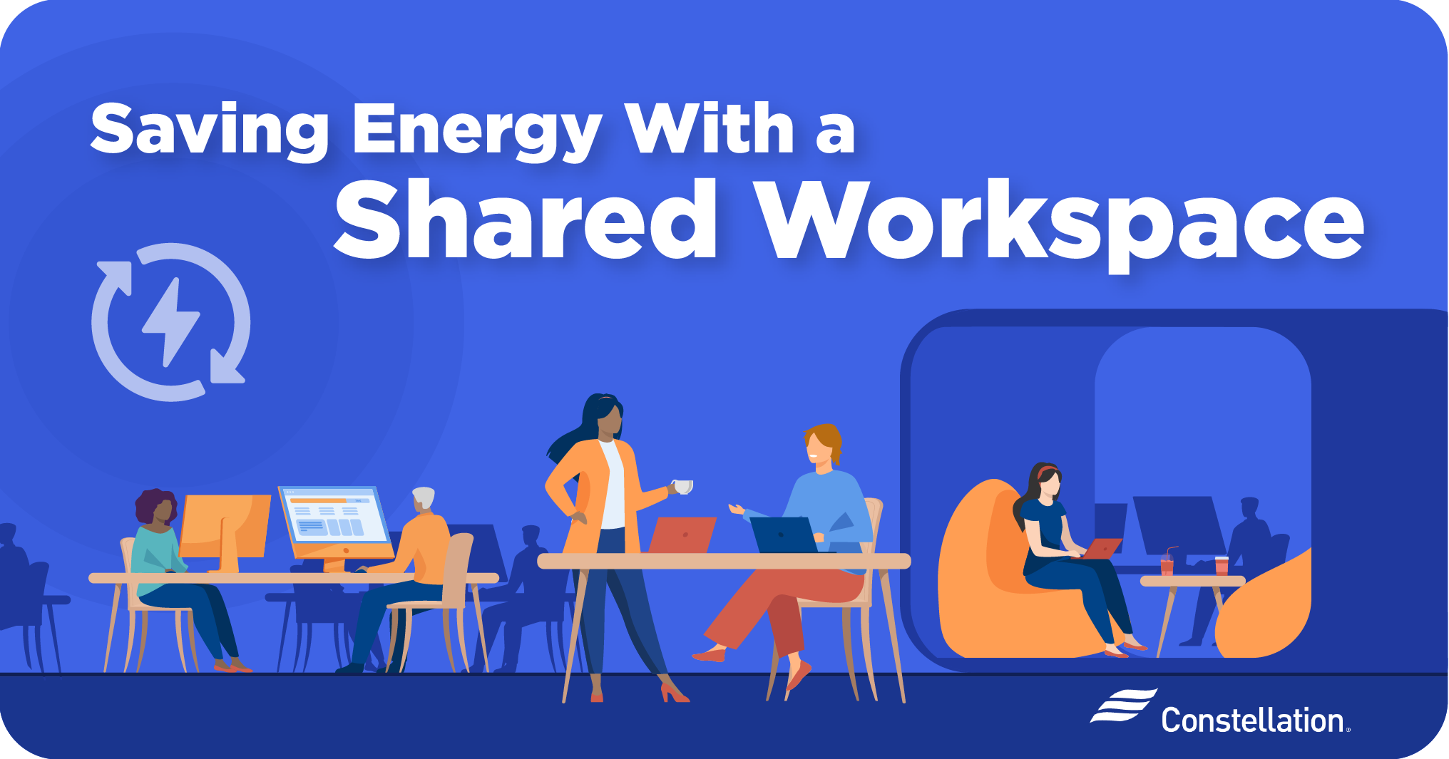 A graphic of people working together in a shared office setting, depicting how to save energy with a shared workspace.